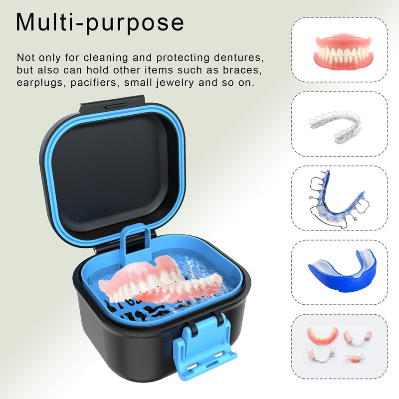 BVN Leak-proof Denture Case, Denture Cup for Soaking Dentures, Retainer Cleaning Case Black and Bule Dent Black Case and Bule