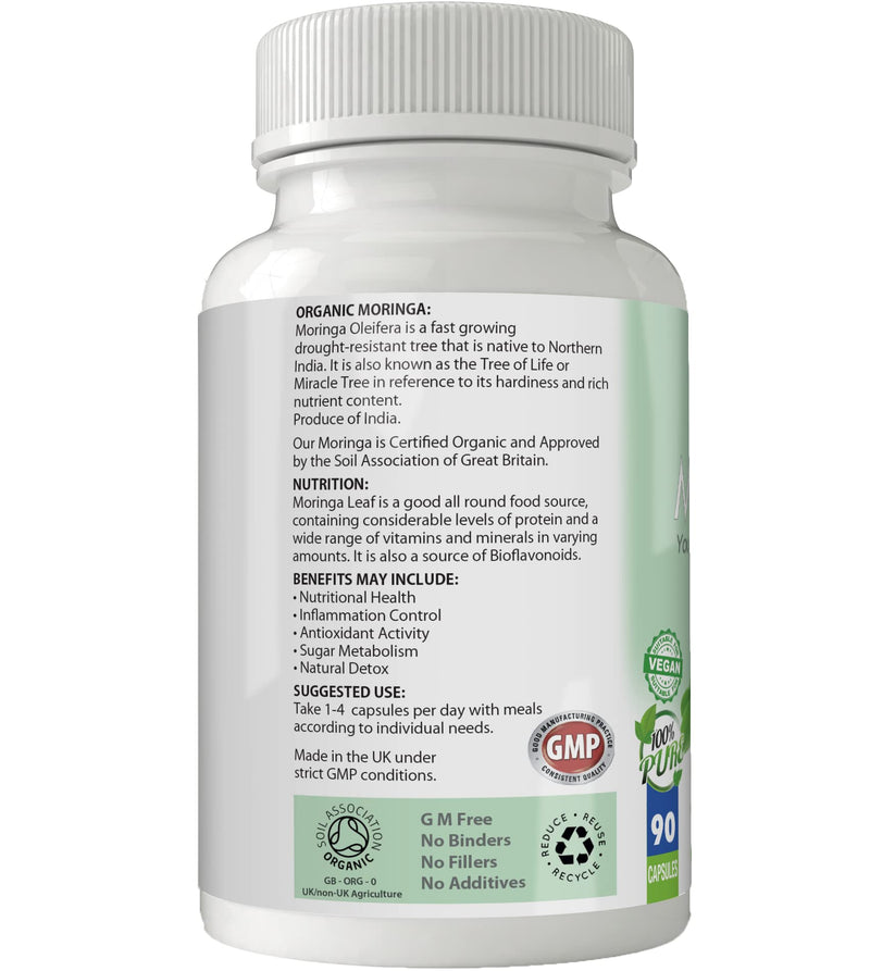 Organic Moringa Oleifera for Heart Health | 500mg Capsules x 90 | 100% Pure Soil Association Certified | Gluten Free | GM Free | Vegan