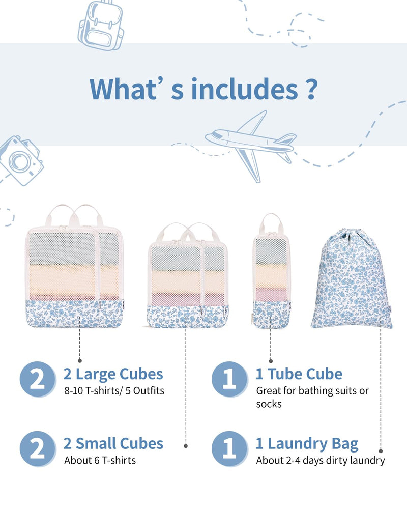 Narwey Small Hanging Travel Toiletry Bag with 6 Set Compression Packing Cubes