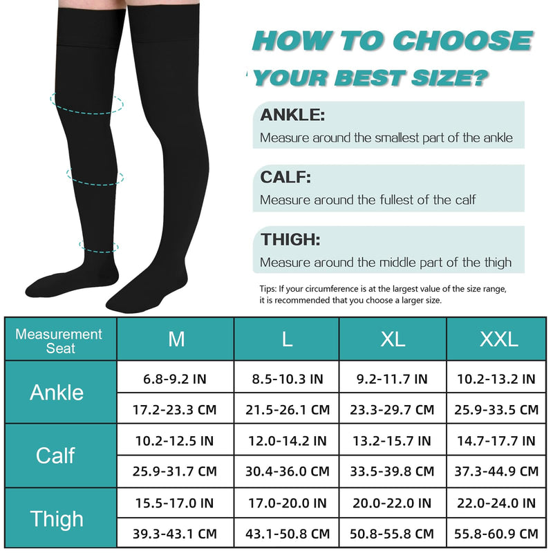 [Australia] - Evolyline 2 pairs of medical compression stockings for women and men, 20-30 mmHg, class II thigh long support stockings, compression socks for air travel, graduated support for varicose veins, toe wrap (black + black), XL 