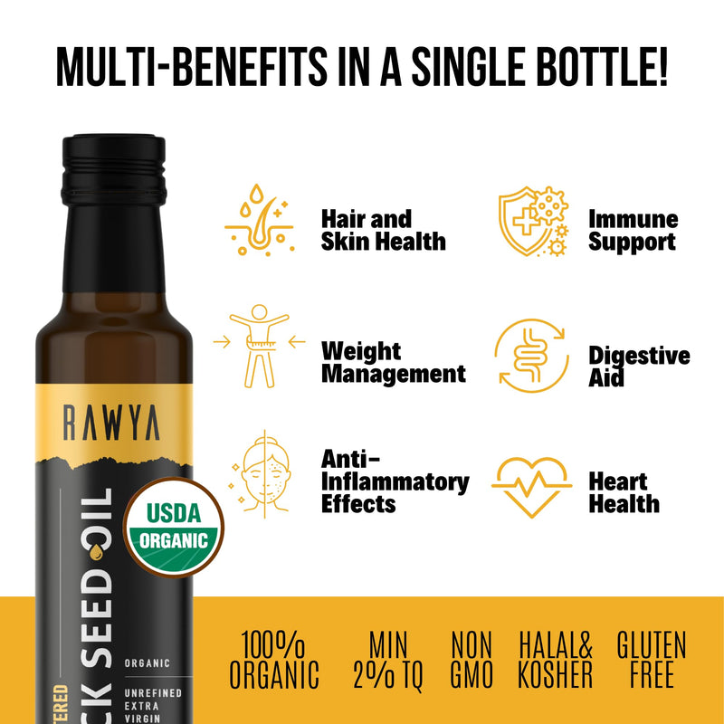 [Australia] - Black Seed Oil, Organic, Unfiltered, 8.4 Fl Oz, RAWYA, Cold Pressed, Glass Bottle, Nigella Sativa Oil, Non-GMO, Black Cumin Seed Oil, also known as Kalonji Oil, Nigella Oil 