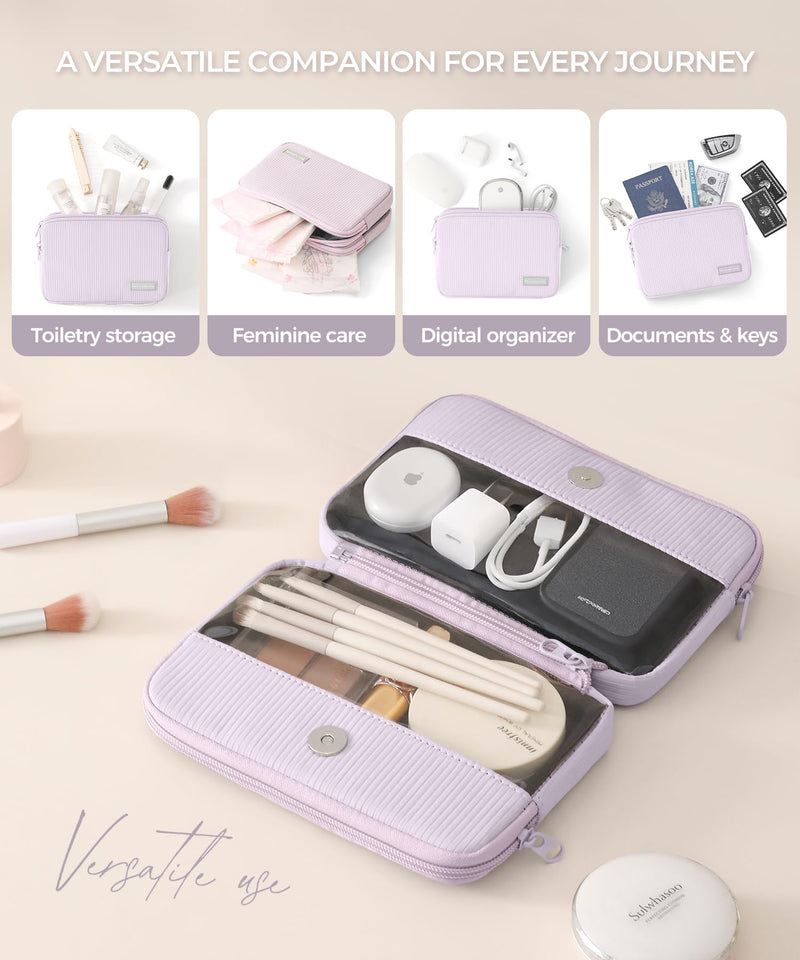 Makeup Bag Set for Women, 2 Pcs Corduroy Travel Cosmetic Organizer, Detachable Clear Pouch and Shell Shape Case, Waterproof Toiletry Storage for Beauty Essentials, Purple