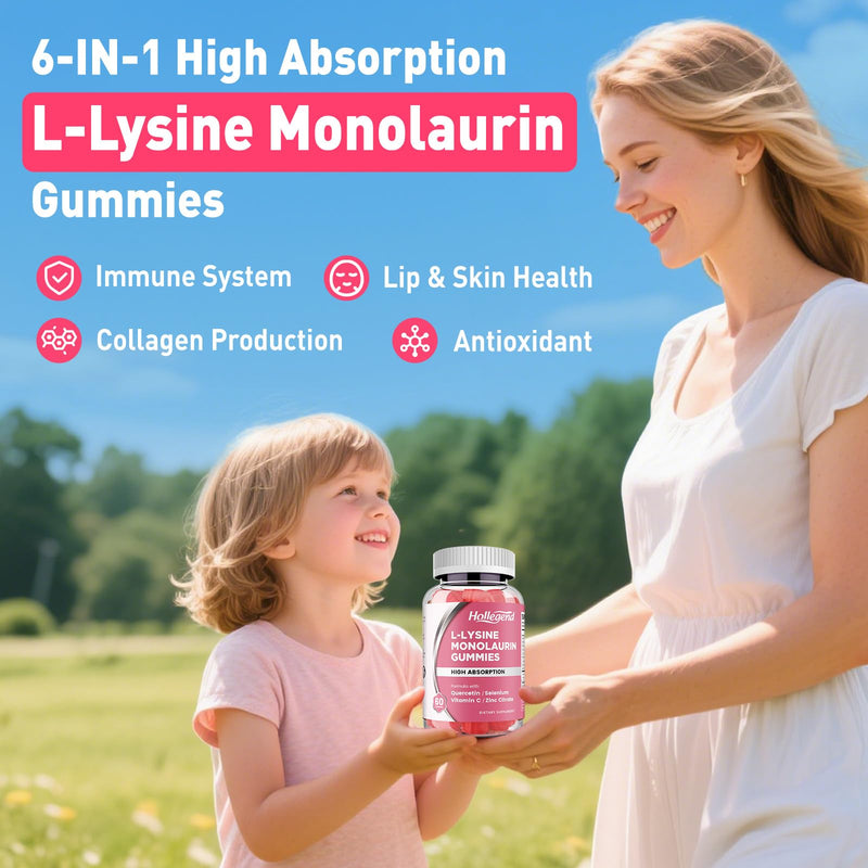 L-Lysine Monolaurin Gummies for Adults & Kids, Peach Flavor, 60 Ct | Monolaurin and Lysine 1000mg Supplement, with Vitamin C, Zinc, Selenium & Quercetin