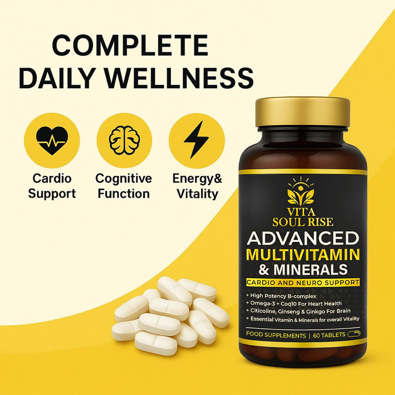 Multivitamin Tablets for Women & Men - Cardio & Brain Support with CoQ10, Omega-3, B-Complex, Ginseng & Ginkgo - Advanced Multivitamin & Minerals - 60 Tablets