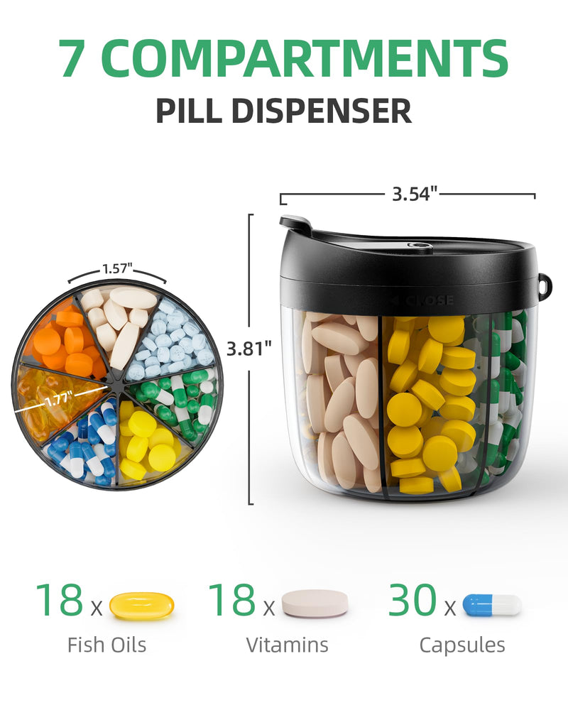 [Australia] - PULIV Portable Pill Dispenser Bottle, Vitamin Organizer with 7 Compartments, Holds Plenty of Supplements with Anti-Mixing & Wide Openings Design, Easy to Retrieve Meds, includes 20 Pcs Sticky Labels Black 
