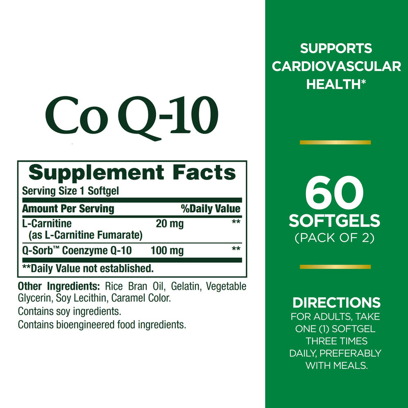 [Australia] - Nature's Bounty CoQ10 100mg Plus L-Carnitine, Supports Heart Health, Dietary Supplement Twin Pack, 120 Softgels Unflavored 120 Count (Pack of 1) 