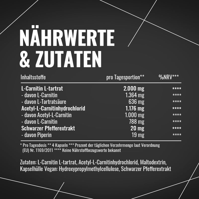 [Australia] - L - CARNITIN Triple Complex 3196mg 180 capsules ultra high dosage - L-carnitine tartrate, acetyl-L-carnitine black pepper - quality - vegan - new formula 