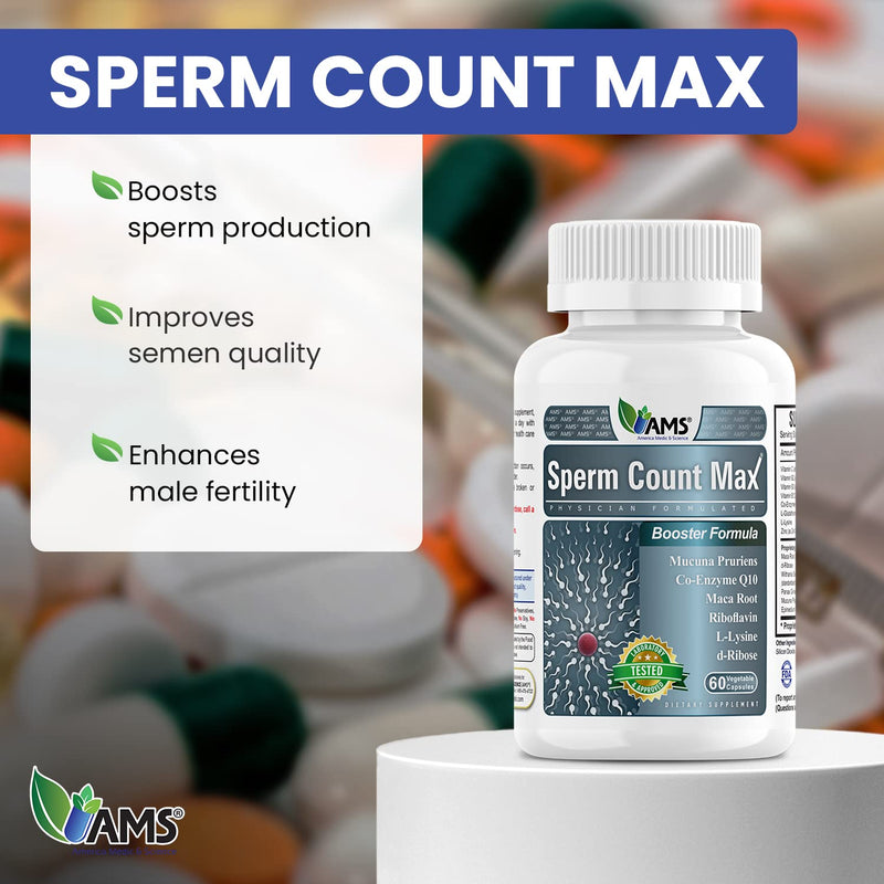 America Medic & Science Sperm Count Max (60 Capsules) | Male Fertility Supplement | Enhances Sperm Count and Reproductive Health | Prenatal Vitamins for Men | with Zinc, CoQ10, Vitamin C, B2, and B12 60 Count (Pack of 1)
