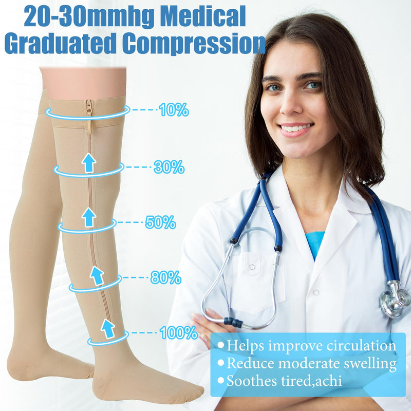 [Australia] - Sosation Thigh High Zipper Compression Socks 20-30 mmHg Zipper Compression Stockings Thigh High for Women Men Swelling Edema XX-Large Beige 