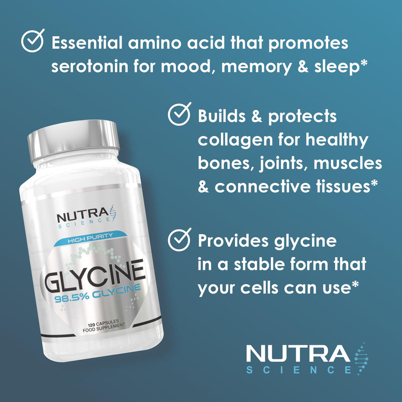 Glycine Supplement 98.5% Concentration | Highest Purity Glycine Capsules in the UK | 1,300mg Glycine Powder Amino Acid Supplements 2 Month Supply 120 Caps