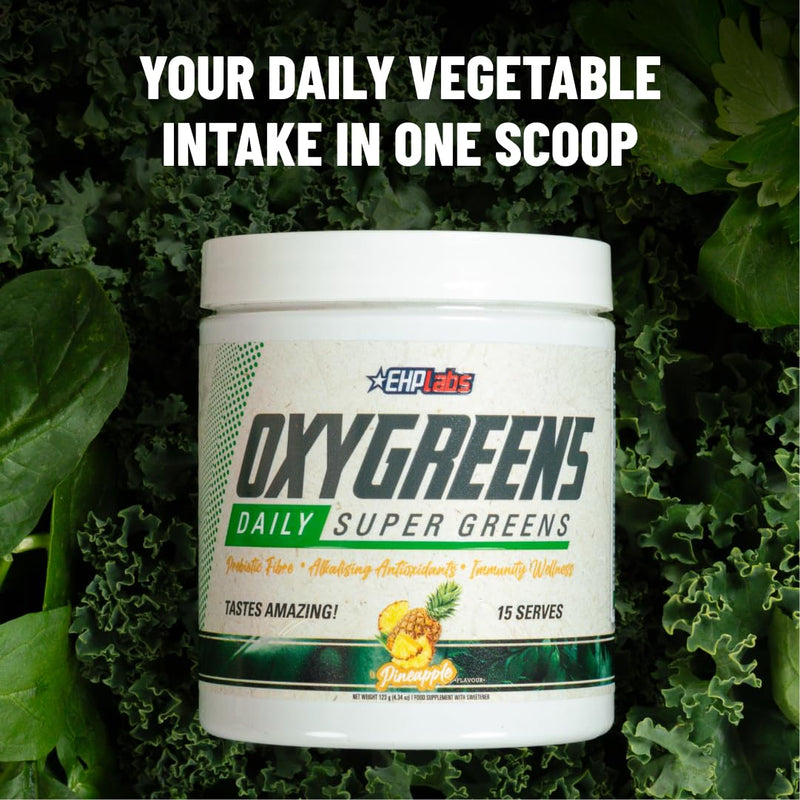 EHP Labs OxyGreens Super Greens Powder with Spirulina & Chlorella, Prebiotic Fiber, Probiotics & Digestive Enzymes – Antioxidant Green Superfood Supplement - 15 Servings - Pineapple 15 Serves