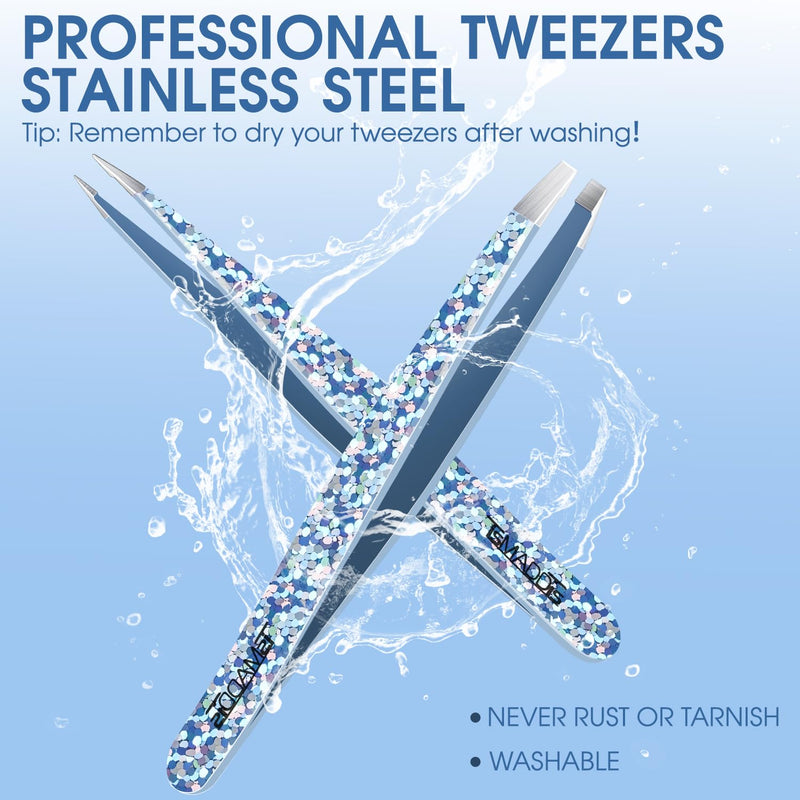 TsMADDTs Eyebrow Hair Removal Tweezer, 2-Pack Slant and Point Tip Tweezers for Women and Men Eyebrows, Facial and Ingrown Hairs, Stainless Steel Light Glitter Blue