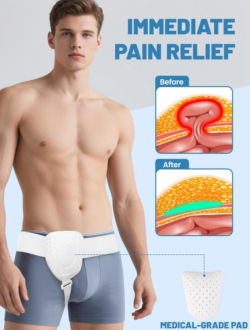 Hernia Belts for Men Inguinal, Hernia Belt for Women, Inguinal Hernia Support for Left or Right Side, Comfortable Adjustable Waist Strap with Removable Compression Pads, White