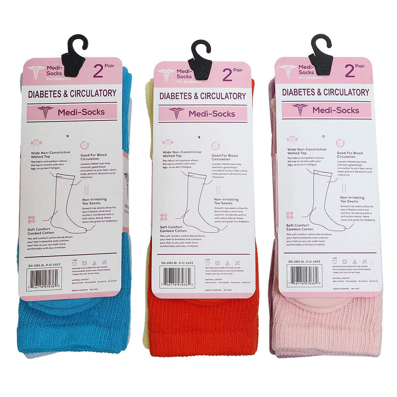 [Australia] - Falari Women Diabetic Socks Diabetes Edema and Circulatory Loose Fitting Cotton Crew Socks - 6 Pairs 9-11 Crew Height - Assorted 