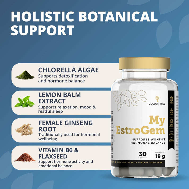 Golden Tree My EstroGem – Complex with Lemon Balm, Chlorella, Angelica, Flaxseed, Vitamin B6 & Black Pepper – 30 Capsules 30 count (Pack of 1)