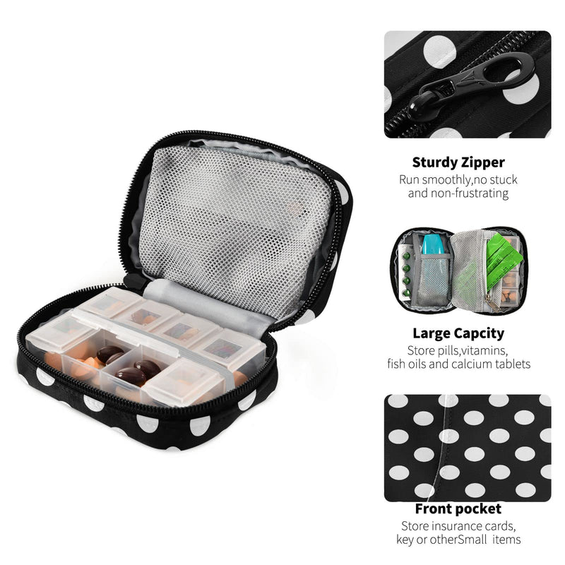 Polka Dot Black Pill Organizer Case Modern 7 Day Travel Pill Box with Zipper Portable Weekly Vitamin Medicine Supplement Holder Pouch Bag