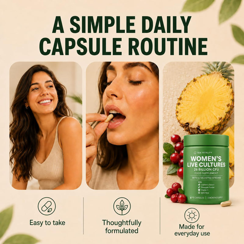 Women's Live Cultures Food Supplement - 26 Billion CFU, 6 Selected Strains with Cranberry Extract, Pineapple Powder, GOS & Vitamin C - 90 Capsules, 1-a-Day Formula for Women, 90 Day Supply 90 count (Pack of 1)
