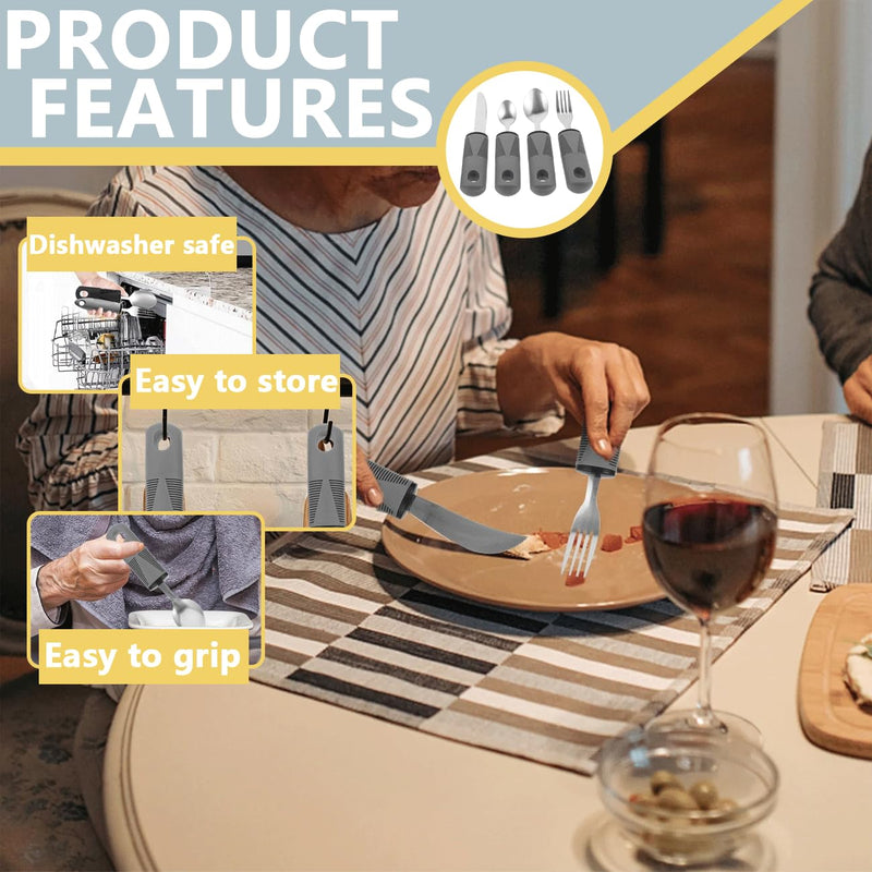 Easy Grip Cutlery Set of 4 Disability Aids, Extra Wide Handles Arthritis Aids with Knife Fork Spoon, Confortable Grips Dining Aid for Elderly Parkinson Disabled People Grey