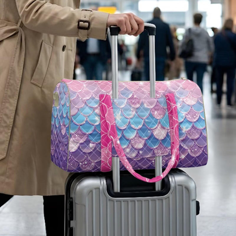 Mermaid Scale Print Large Travel Duffel Tote Bag for Women, Stylish Quilted Weekender Bag, Lightweight Carry On Luggage for Overnight and Travel Pink - Mermaid Scale