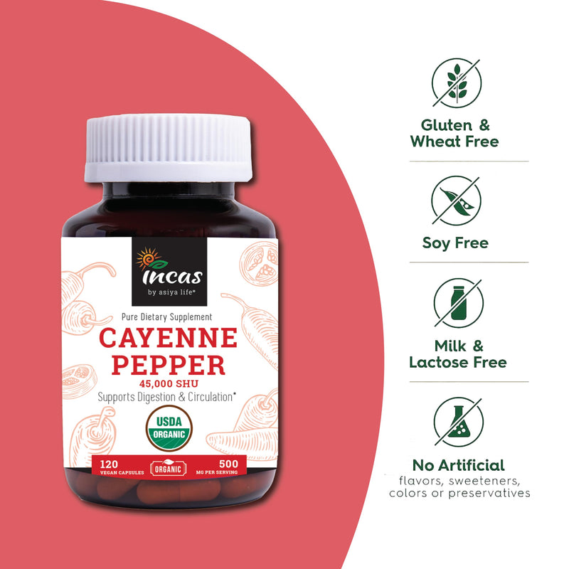 [Australia] - INCAS 100% USDA Organic Cayenne Pepper 120 Capsules (500mg) 45,000 SHU Traditional Digestion & Circulation Support Pure, No Additives & Fillers | 120 Servings 