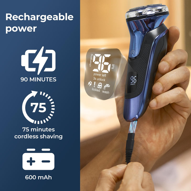 [Australia] - Men's Electric Shaver, FitSan Retractable Beard Trimmer, Electric Wet and Dry Shaver, Men's Shaver with Travel Lock, Waterproof, Blue LED Display 