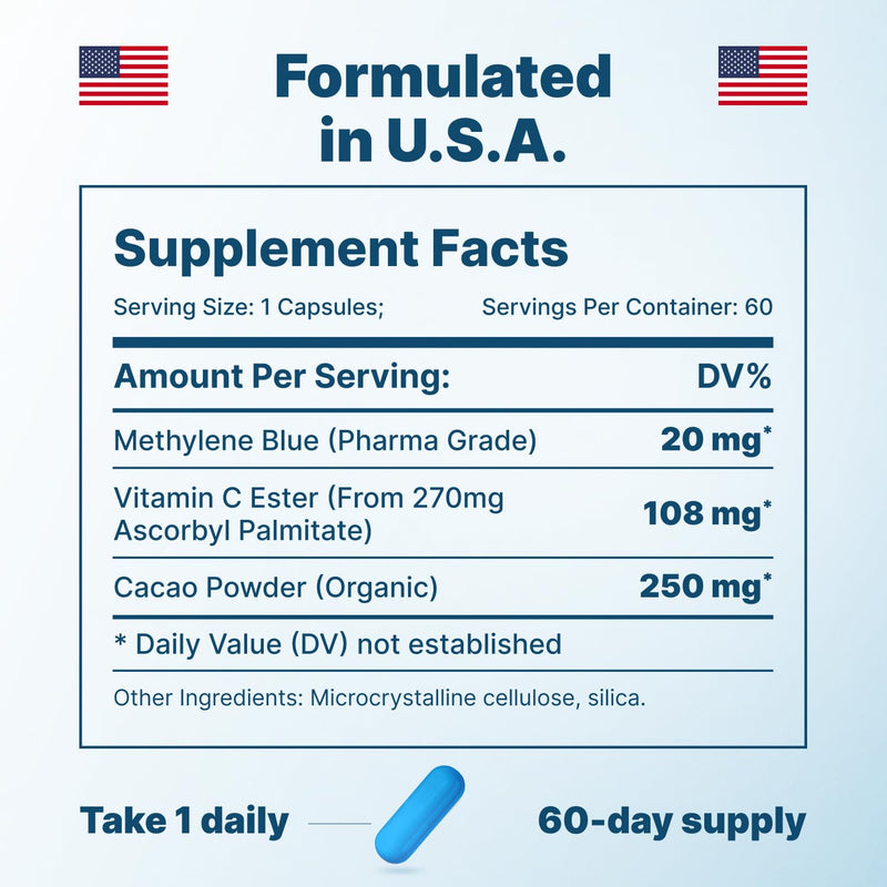Ultimate Methylene Blue Capsule Form with Added Vitamin C Ester for Enhanced Absorption, Brain Supplement, Memory, Focus, Clarity, Cognitive - Brain Booster Supplement Energy Pills | 240 Servings 4