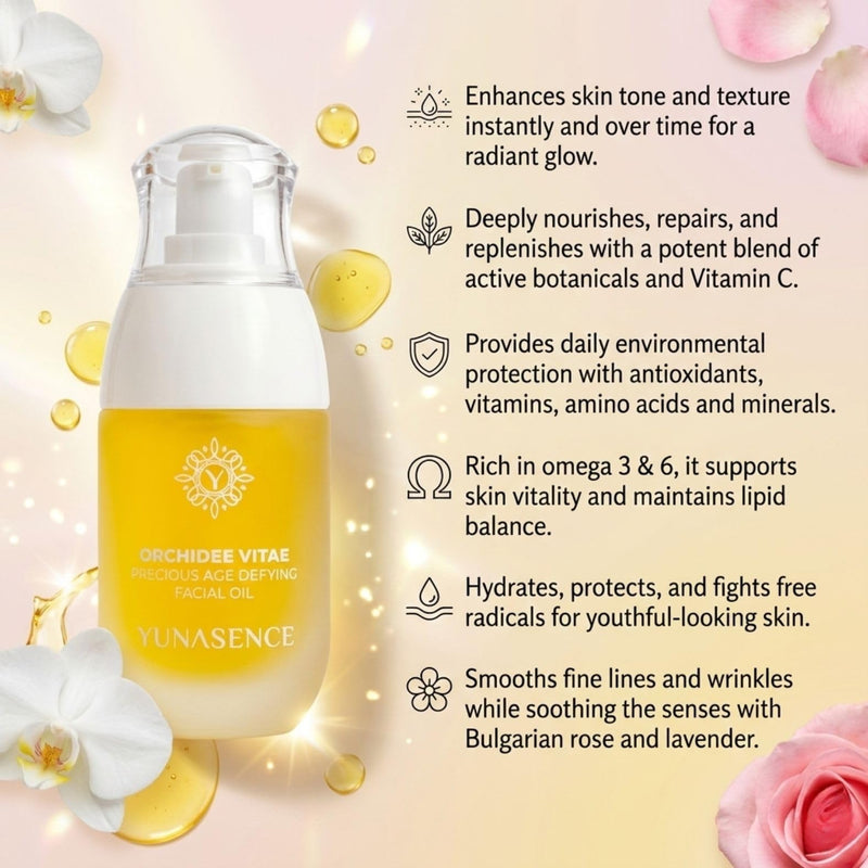 YUNASENCE ORCHIDEE VITAE Precious Organic Anti-Aging Face Oil Serum, w/Orchid Flower, Rose Absolute, Argan, Maracuja, Papaya, Vitamin C, Amino Acid.1oz Boosts collagen, improves skin elasticity.