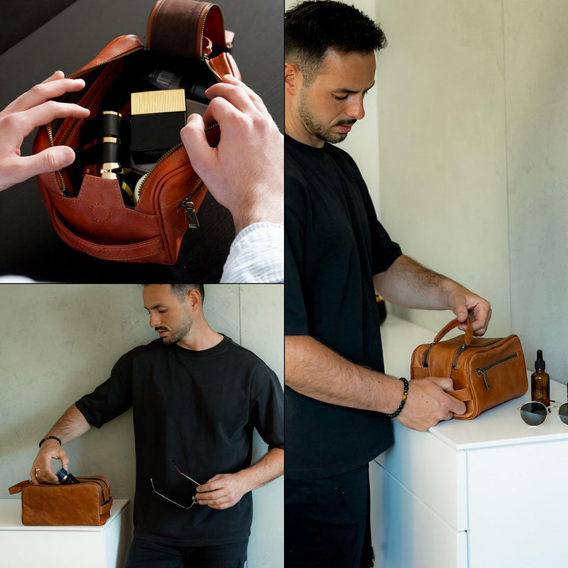 BERLINER BAGS Vintage Genuine Leather Toiletry Bag For Men Tim M, Brown | Leather Travel Bag, Large Capacity, 2 Zippered Compartments, Leather Handles, Cosmetics Bag for Men and Women Brown M