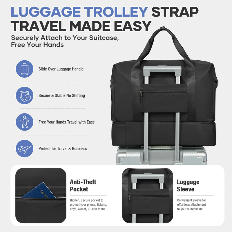 Travel Duffel Bag, Carry-On Overnight Weekender Bags for Women Travel | Personal Item Bag for Airlines,Bottom Shoe Compartment,Trolley Sleeve Black