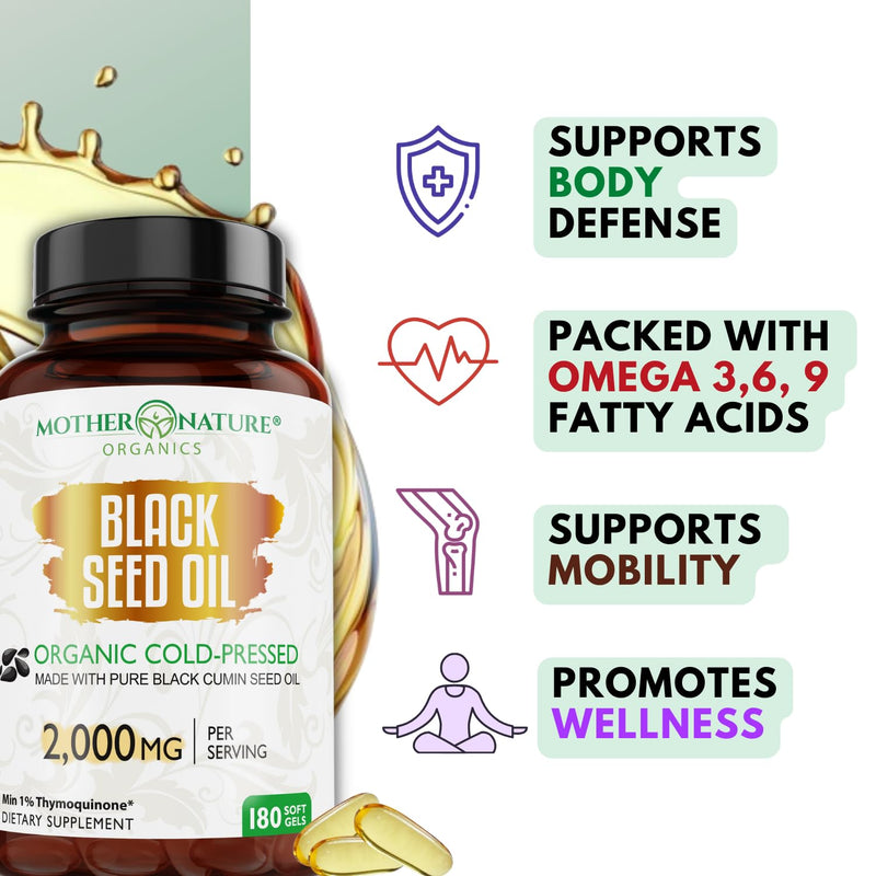[Australia] - ORGANIC Black Seed Oil Capsules - 3 Month Supply - 180 Count (2000mg Per Serving) High Potency, Organic Cold Pressed Nigella Sativa Oil (Non-GMO) 180 Count (Pack of 1) 