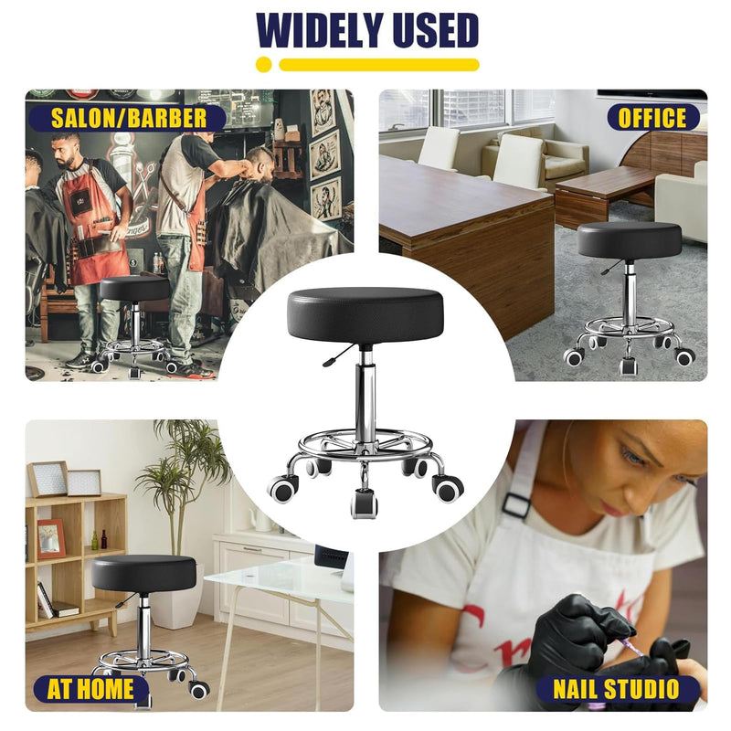 [Australia] - Rolling Stool, Heavy Weight Capacity 250lb, PU Leather Rolling stools, Ultra Soft Padded Seat, Rolling Stools with Wheels and Footrest, 360¬∞ Swivel, Spa Drawing Salon Work Office Tattoo Stool (black) Black 