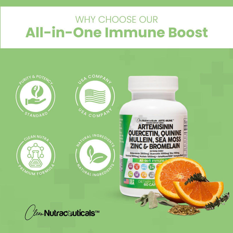 [Australia] - Clean Nutraceuticals Artemisinin 2500mg Quercetin 1000mg Zinc 100mg Mullein Quinine Supplement with Sea Moss Bromelain Ashwagandha Root Nettle Leaf Bladderwrack Burdock Root Monolaurin Colostrum Rutin 
