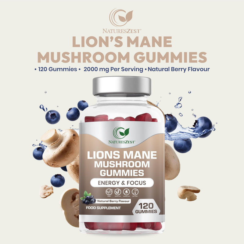 Lion’s Mane Mushroom Gummies 2000mg | 120 Gummies - High Strength Lions Mane Supplement for Focus & Memory | Vegan, Gluten-Free, Non-GMO Mushroom Supplement | Natural Berry Flavour