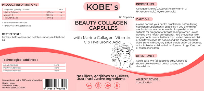 Kobes | Marine Collagen Capsules with hyaluronic Acid | high Strength Collagen | Collagen with Vitamin c | Marine Collagen Complex with hyaluronic Acid | 60 Capsules