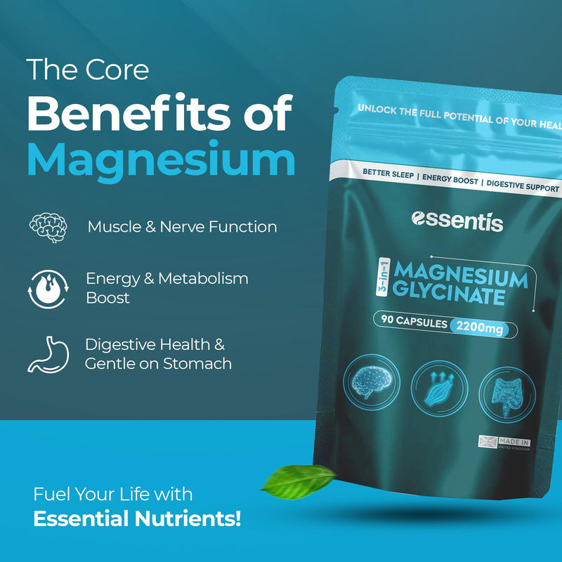Magnesium Glycinate 3-in-1 Complex 2200mg - 90 High-Strength Capsules with Bisglycinate, Malate & Citrate for Better Sleep, Muscle Recovery, Energy & Bone Support, Vegan, UK Made