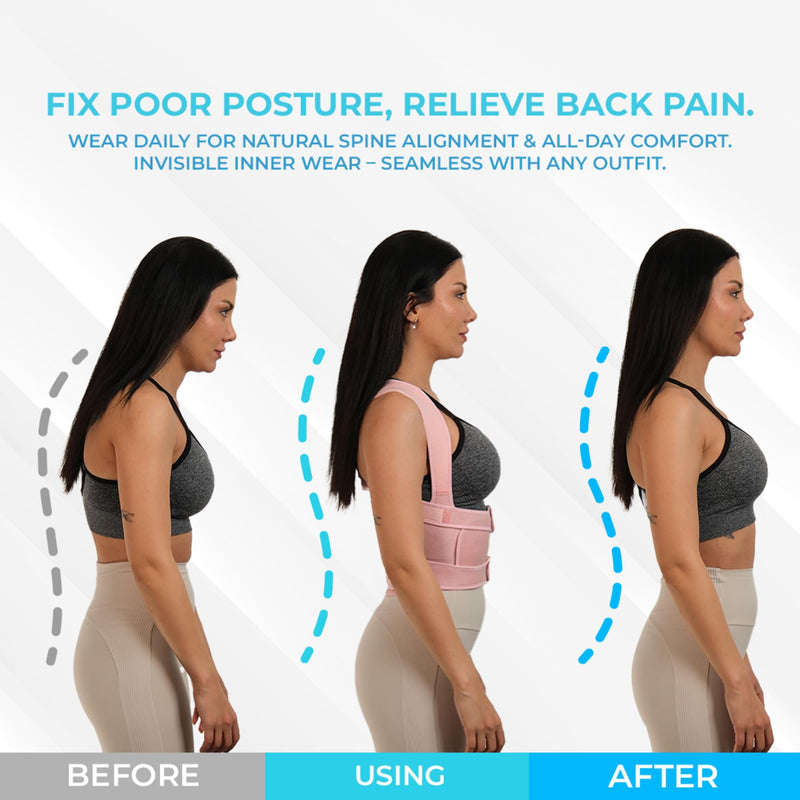Back Brace Posture Corrector for Men & Women - Adjustable, Breathable, Improves Posture, Reduces Neck & Back Pain - Lightweight Unisex Design for Office and Home Use (Pink, Medium) Pink