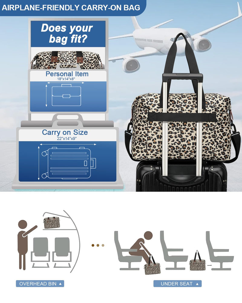 Pritent Travel Duffle Bag, Weekender Overnight Personal Item Carry On Bag | Waterproof, Duffel Bag, with Toiletry Bag, Removable Strap, Hospital Bag for Labor Delivery, Airplane Travel, Gym Large Leopard