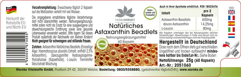 [Australia] - Astaxanthin Beadlets - with 14.25 mg Astaxanthin per daily dose - 60 capsules - made from natural Haematococcus Pluvialis extract - high dosage | HERBADIREKT - German pharmacy quality 