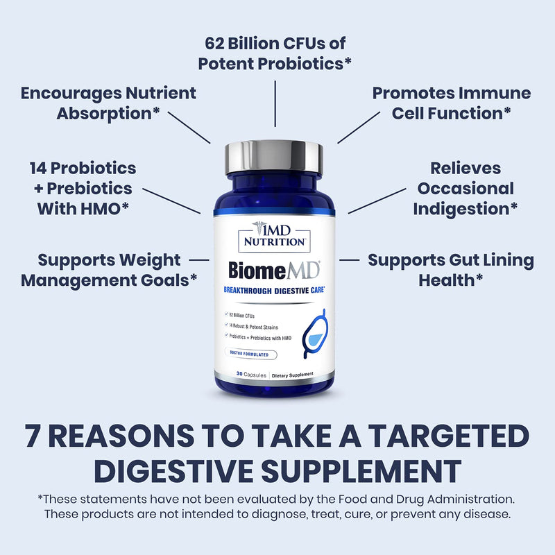 1MD Nutrition BiomeMD Probiotics | 62 Billion CFUs, 15 Comprehensive Strains - Pro & Prebiotics | Doctor-Formulated for Digestive Health & Immune Support | 30 Capsules 30 Count (Pack of 1)