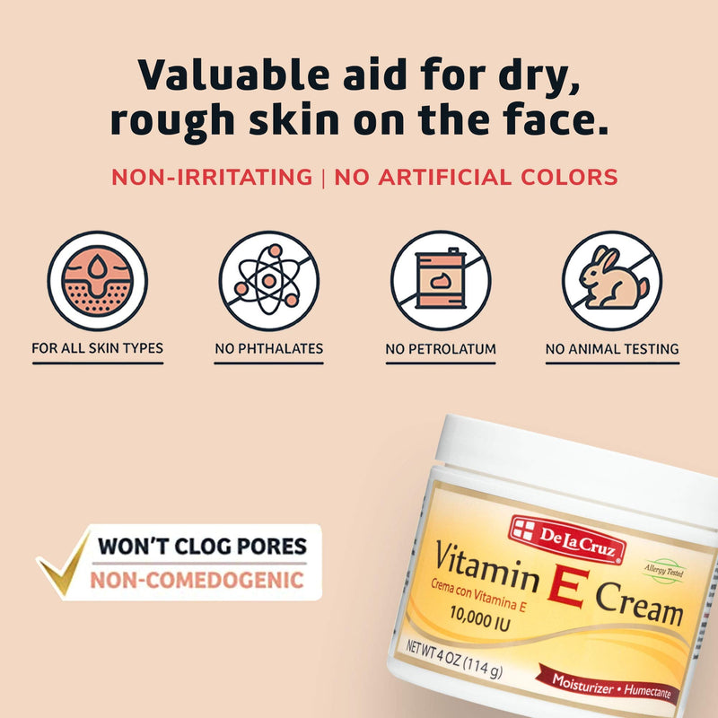 De La Cruz Vitamin E Cream Moisturizer for Face & Neck, 2 oz (56.7 g) | Vitamin E Cream, 5000 IU, Day & Night Face Moisturizer, Allergy Tested, Dermatologist Approved, Non-Comedogenic, Made in USA