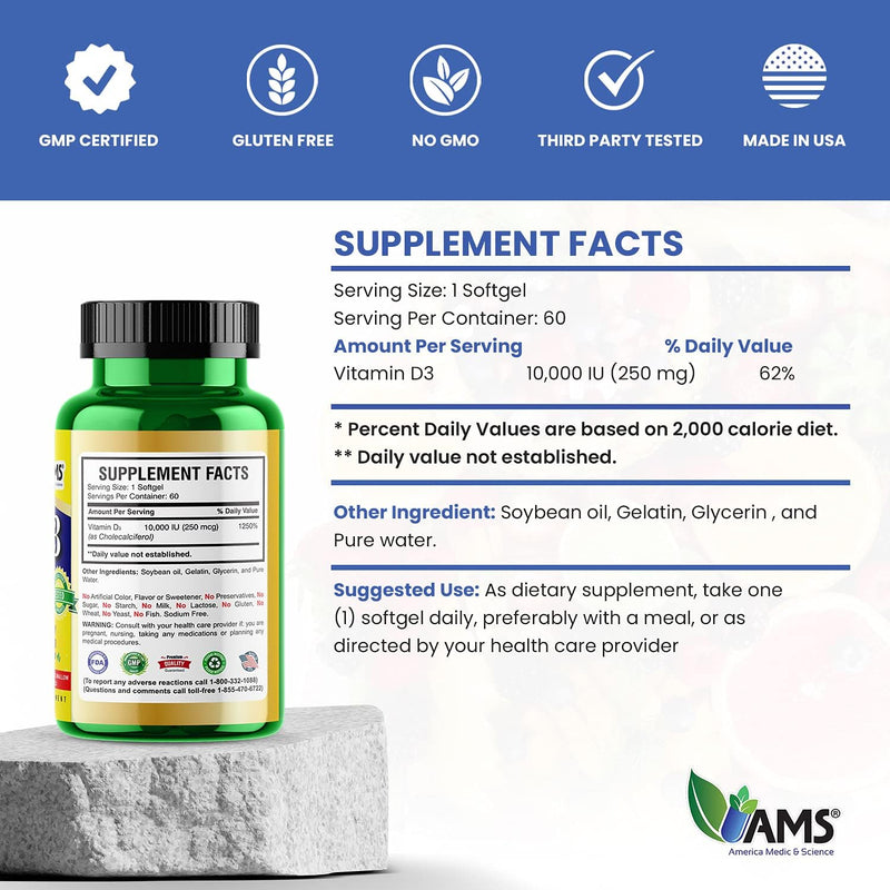 America Medic & Science Xtra D3 Vitamin D 10,000 IU (250 mcg) Cholecalciferol Supplement for Men & Women (120 Easy to Swallow Softgels)Best for Bone, Heart Health, Immune System Support, Lung Function 60 Count (Pack of 2)