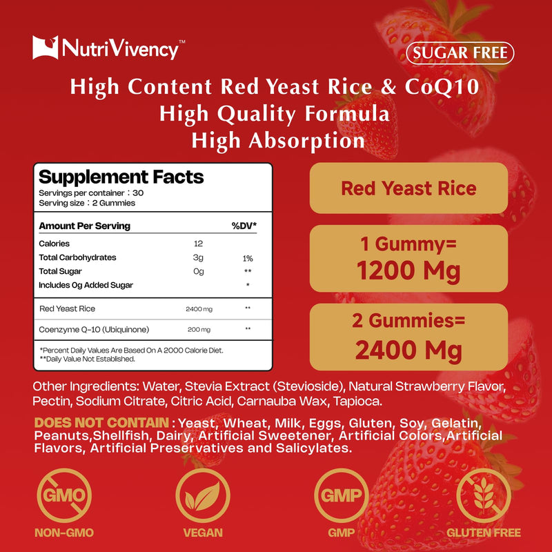 [Australia] - Red Yeast Rice with Coq10 Gummies, Red Yeast Rice 2400mg with Coq10 200mg Supplements for Cholesterol Support and Heart Health Support, Sugar free, Vegan, Non-GMO, Strawberry Flavor, 60 Counts 
