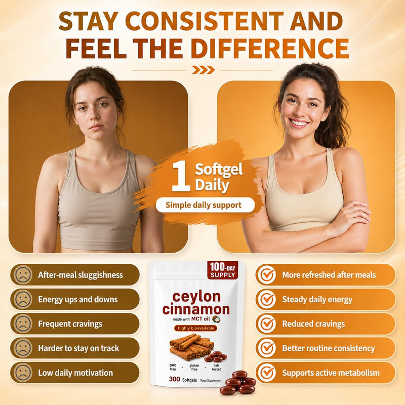2-in-1 Ceylon Cinnamon Softgels with MCT Oil – 300 Softgels – True Ceylon Cinnamon Daily Supplement, Highly Bioavailable Formula, Supports Energy & Daily Wellness Routine, Non-GMO, Gluten Free