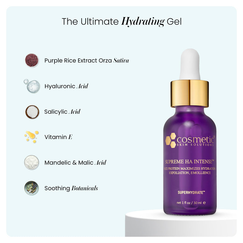 Supreme HA Intense – Hyaluronic Acid Serum with Vitamin E, Purple Rice Extract, Mandelic & Malic Acids – Hydrating and Smoothing Face Serum for Radiant Looking Skin – 1 fl oz