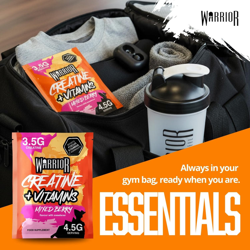 Warrior Creatine Plus Vitamins Sachets, Daily Wellness Drink Mix with 3.5g Creatine and Multivitamin Blend for Energy, Focus, Immunity and Vitality, Zero Sugar Mixed Berry, 15 Sachets
