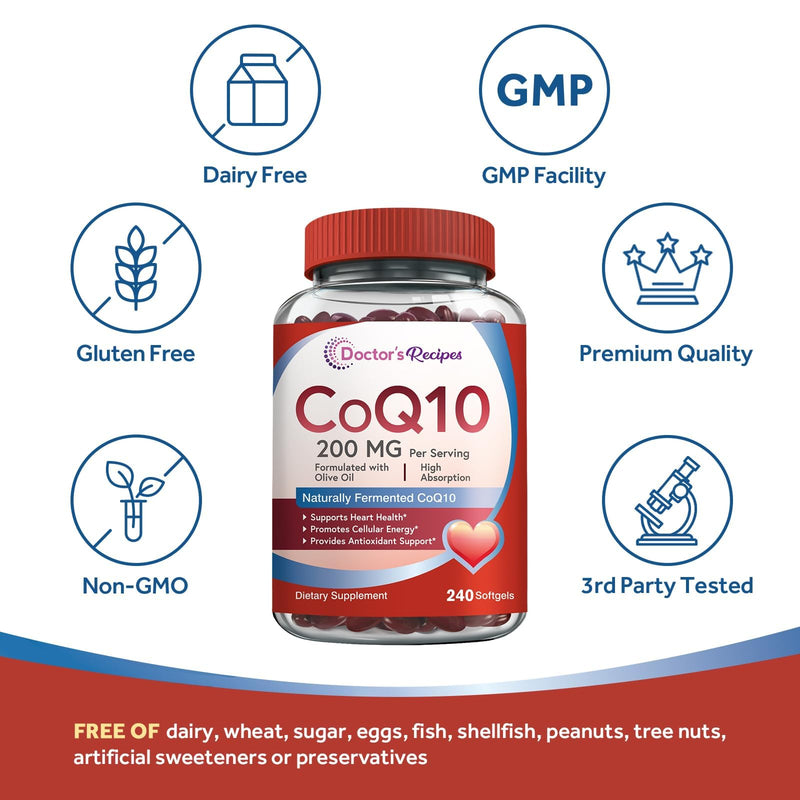 [Australia] - Doctor's Recipes CoQ10 200mg Per Serving, High Absorption Coenzyme Q10 Supplement with Olive Oil, Heart & Vascular Health, Energy Production & Antioxidant Support, 4 Month Supply, 240 Softgels 240 Count (Pack of 1) 