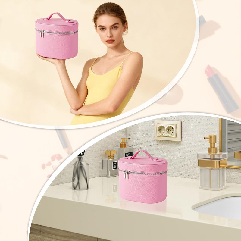 Makeup Case, Large Capacity Leather Makeup Bag with Removable Washable Compartment, Portable Waterproof Leather Cosmetic Case, Multi-functional Travel Organizer, Pink