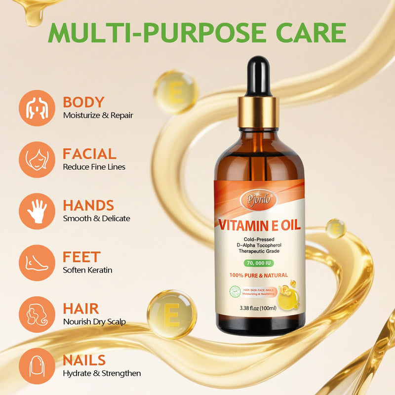 Pjordo Vitamin E Oil - 100% Pure & Natural, 70,000 IU Cold-Pressed Organic Vitamin E Oil for Skin, Face, Hair, Nails & Scars, D-Alpha Tocopherol Rich, Deep Moisturizing and Firming Skin