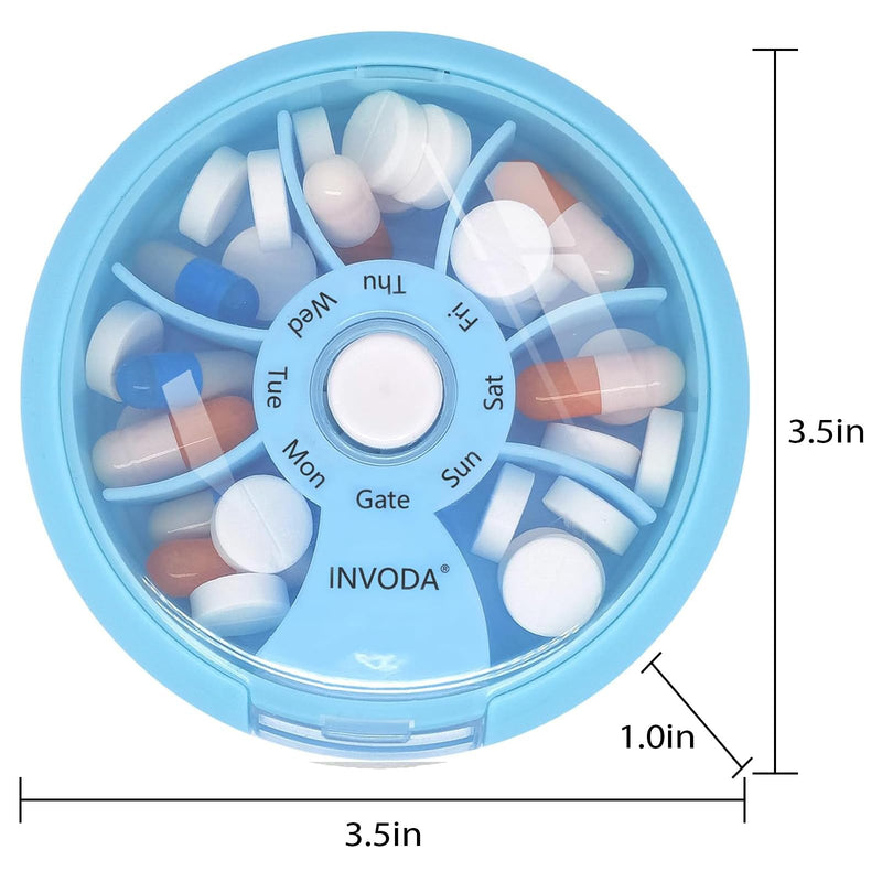 INVODA Weekly Pill Organizer with 77 Pre-Cut Medication Labels – 7 Compartment Rotating Medicine Box Daily Pill Case for Vitamins, Fish Oil & Prescriptions – BPA-Free Plastic – Compact Travel Size Blue+med Labels