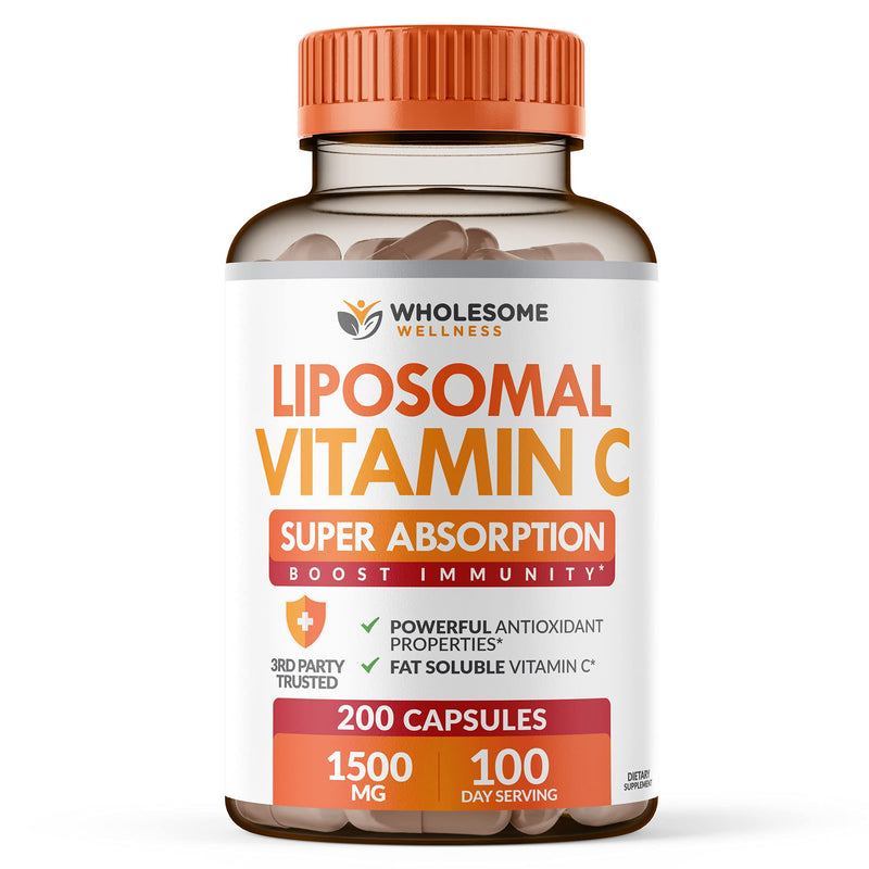 Wholesome Wellness Liposomal Vitamin C Capsules (200 Pills 1500mg Buffered) + Super-Absorb Multi Collagen Pills (Type I II III V X) Organic Herbs and Bioperine Bundle
